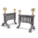 A PAIR OF 19TH CENTURY BRASS AND IRON FIRE DOGS