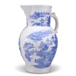 A LARGE 18TH CENTURY ENGLISH BLUE AND WHITE CABBAGE LEAF JUG
