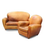 AN ART DECO-STYLE TAN LEATHER LOUNGE SUITE