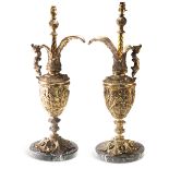 A PAIR OF RENAISSANCE REVIVAL LARGE BRASS EWER LAMPS