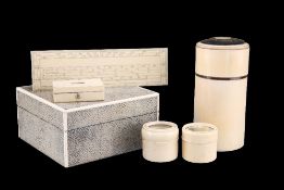 AN ART DECO SHAGREEN TABLE CIGARETTE BOX AND A GROUP OF 19TH CENTURY IVORY ITEMS