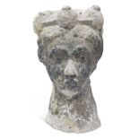 A RECONSTITUTED STONE SCULPTURE OF A CROWNED FEMALE HEAD