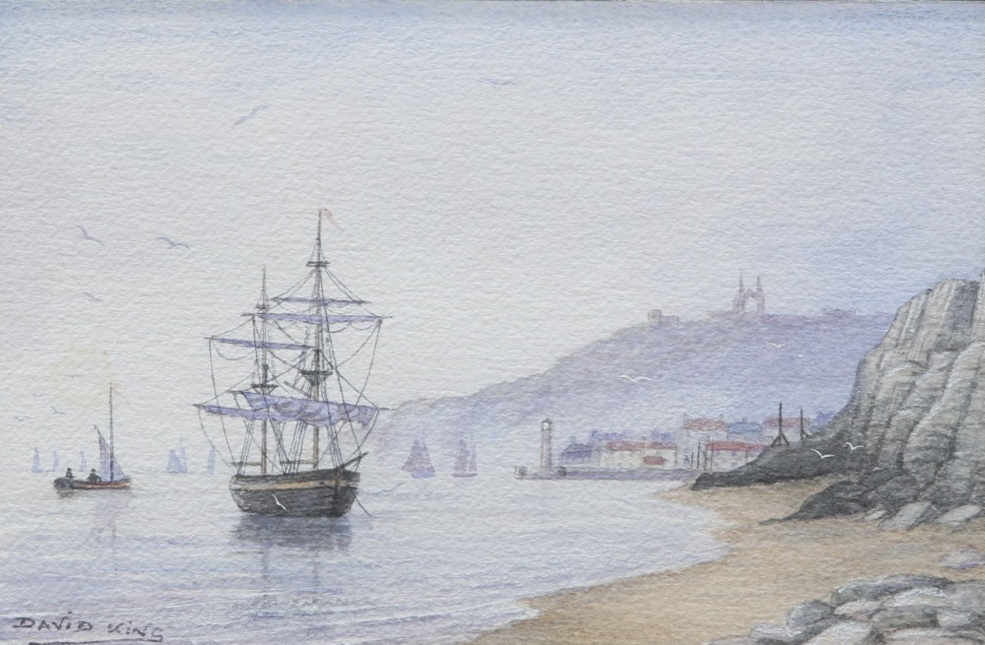 DAVID KING (20TH CENTURY), SAILING SHIPS NEAR WHITBY HARBOUR AND SAILING SHIPS AT SEA - Image 2 of 3
