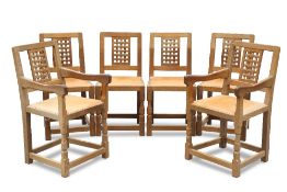 SID POLLARD, A SET OF SIX OAK LATTICE BACK DINING CHAIRS, LATE 1970S