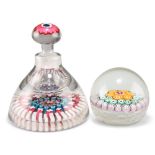 A 19TH CENTURY ENGLISH STYLE MILLEFIORI INK WELL AND A MILLEFIORI PAPERWEIGHT