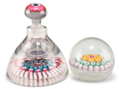 A 19TH CENTURY ENGLISH STYLE MILLEFIORI INK WELL AND A MILLEFIORI PAPERWEIGHT