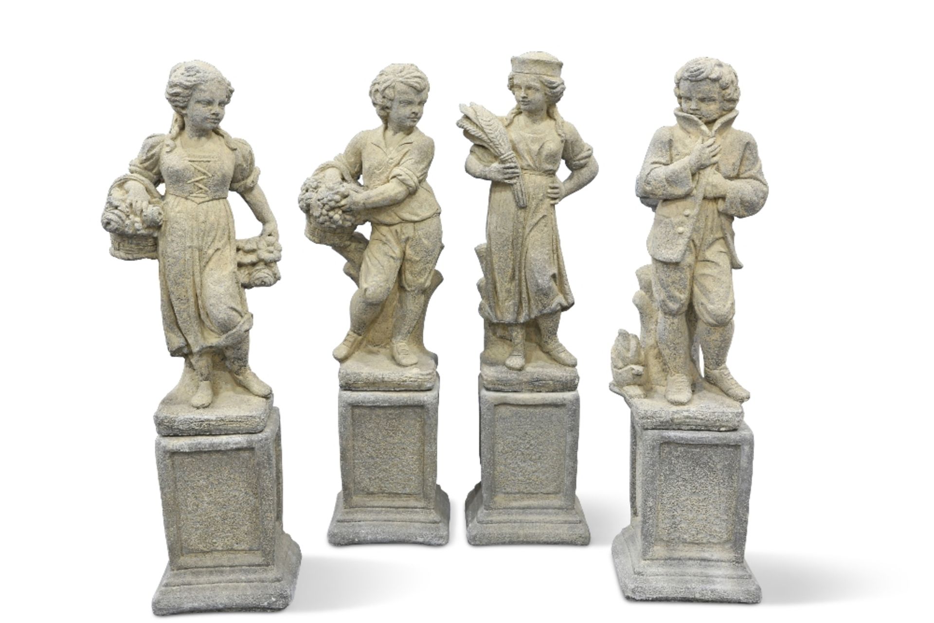 A SET OF FOUR RECONSTITUTED STONE GARDEN STATUES