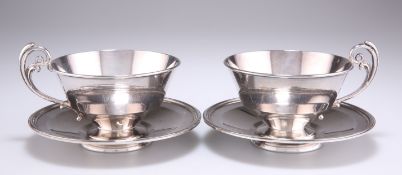 A PAIR OF FRENCH SILVER CHOCOLATE CUPS AND SAUCERS