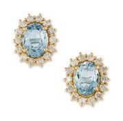 A PAIR OF 18 CARAT GOLD AQUAMARINE AND DIAMOND CLUSTER EARRINGS