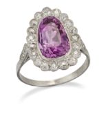 A PINK SAPPHIRE AND DIAMOND CLUSTER RING