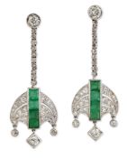 A PAIR OF EMERALD AND DIAMOND PENDANT EARRINGS