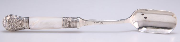 AN ELIZABETH II SILVER AND MOTHER-OF-PEARL HANDLED STILTON SCOOP