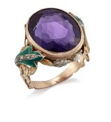 AN AMETHYST, DIAMOND AND ENAMEL RING