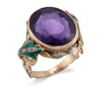 AN AMETHYST, DIAMOND AND ENAMEL RING