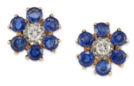 A PAIR OF SAPPHIRE AND DIAMOND CLUSTER EARRINGS