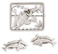 ARNO MALINOWSKI FOR GEORG JENSEN – A DANISH SILVER DOLPHIN BROOCH AND CLIP EARRING SET