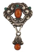 A SKØNVIRKE DANISH SILVER AMBER AND CHRYSOPRASE BROOCH, POSSIBLY BY S. CHRISTIAN FOGH