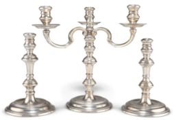 AN ELIZABETH II SILVER MINIATURE CANDELABRA AND A PAIR OF CANDLESTICKS