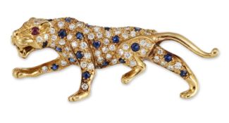 AN 18 CARAT GOLD SAPPHIRE, RUBY AND DIAMOND LEOPARD BROOCH