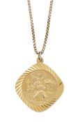 A 9 CARAT GOLD ST. CHRISTOPHER PENDANT ON BOX LINK CHAIN