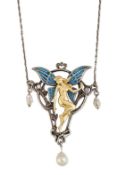 A PLIQUE A JOUR, OPAL AND PEARL PENDANT NECKLACE