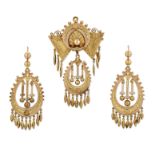 A 19TH CENTURY PENDANT / BROOCH AND EARRING SUITE