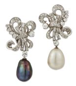 A PAIR OF PEARL AND DIAMOND PENDANT EARRINGS