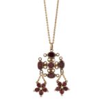 A GARNET AND SEED PEARL PENDANT / BROOCH ON CHAIN