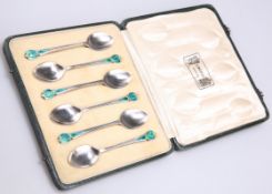 A SET OF SIX GEORGE VI SILVER AND ENAMEL COFFEE SPOONS, by Liberty