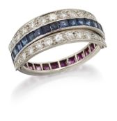 A RUBY, SAPPHIRE AND DIAMOND ETERNITY FLIP OVER RING