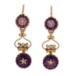 A PAIR OF AMETHYST AND SEED PEARL PENDANT EARRINGS