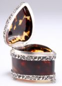 A VICTORIAN SILVER-MOUNTED TORTOISESHELL HEART-SHAPED BOX AND COVER