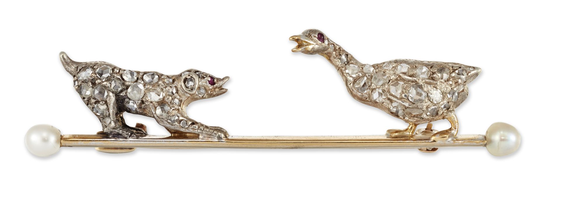 A 19TH CENTURY NOVELTY DIAMOND AND PEARL BROOCH
