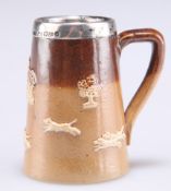 A DOULTON LAMBETH SILVER-MOUNTED MINIATURE TANKARD