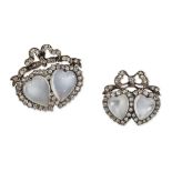 TWO MOONSTONE AND DIAMOND TWIN HEART BROOCHES