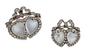 TWO MOONSTONE AND DIAMOND TWIN HEART BROOCHES
