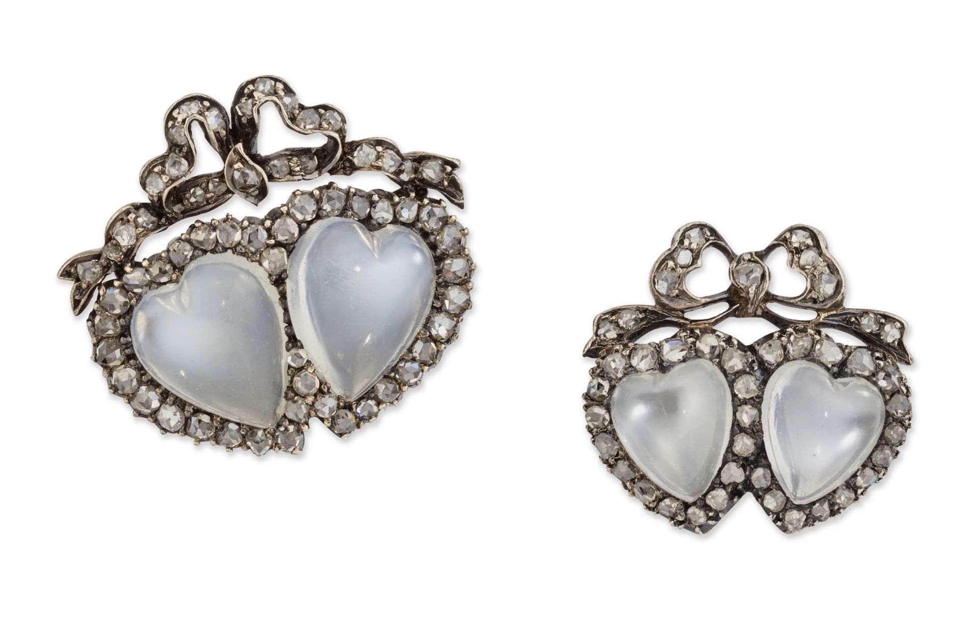TWO MOONSTONE AND DIAMOND TWIN HEART BROOCHES