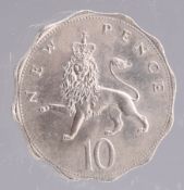 ELIZABETH II (1952 -), MINT ERROR 1975 TEN PENCE, STRUCK ON A HONG KONG TWO DOLLAR PLANCHET