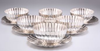 A SET OF SIX JAPANESE STERLING SILVER BOWLS AND SAUCERS
