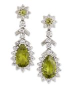 A PAIR OF PERIDOT AND DIAMOND PENDANT EARRINGS