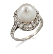 A CULTURED PEARL AND DIAMOND CLUSTER RING