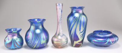 FIVE OKRA STUDIO GLASS VASES