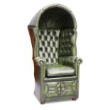 A GEORGIAN STYLE DEEP-BUTTONED GREEN LEATHER HALL PORTER’S CHAIR