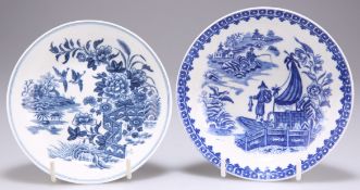 TWO WORCESTER BLUE AND WHITE SAUCERS