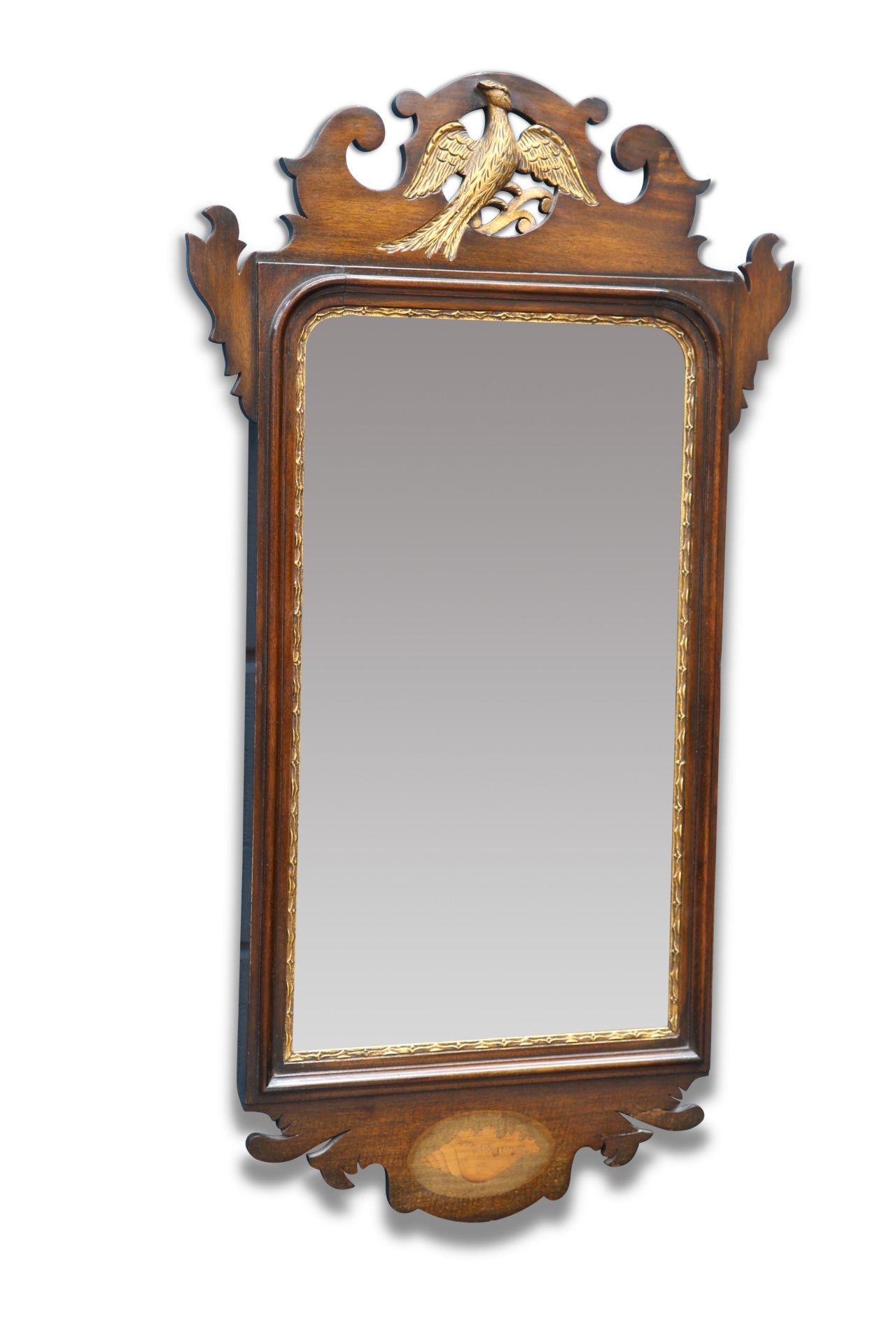 A GEORGIAN STYLE INLAID MAHOGANY FRETWORK MIRROR