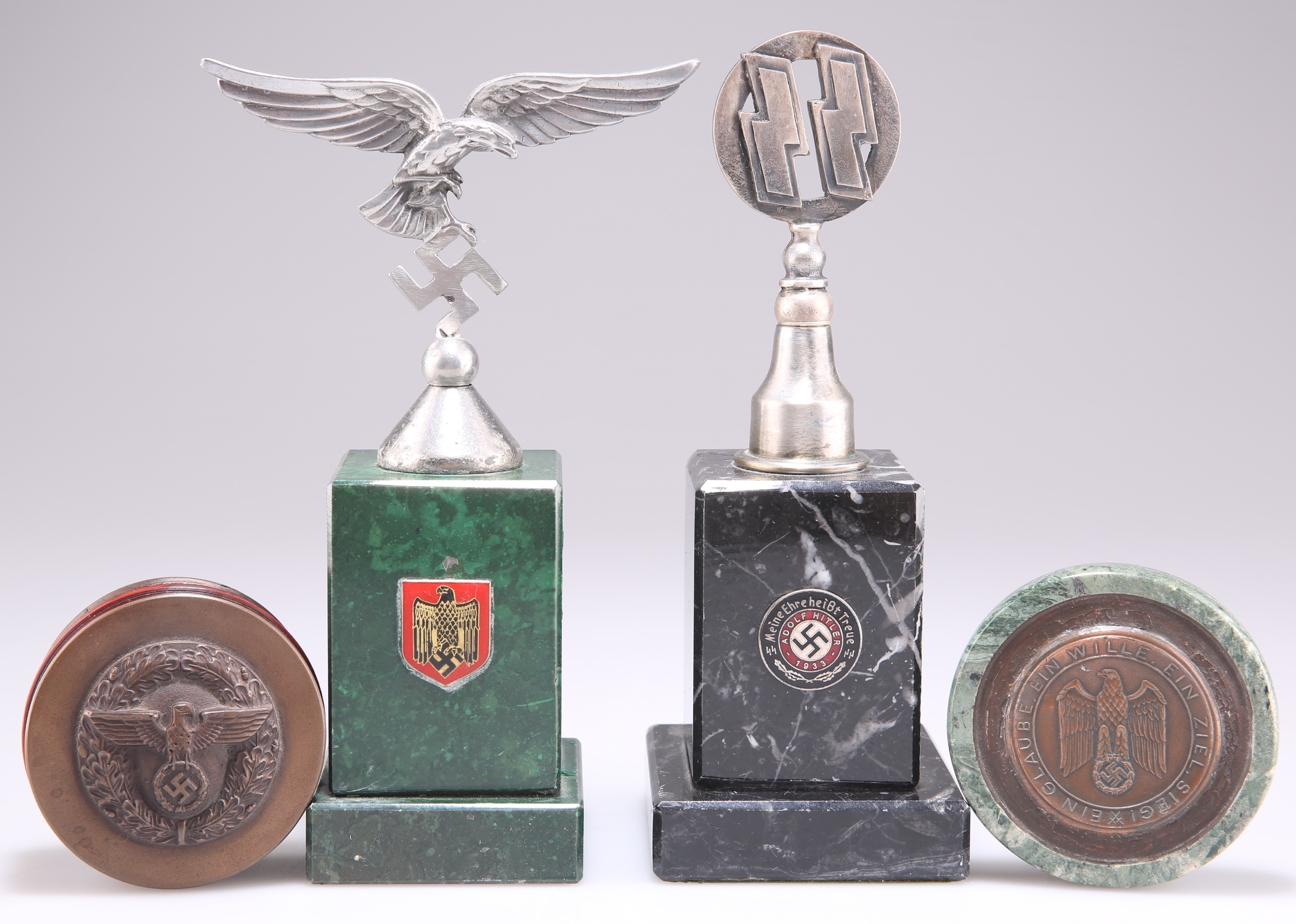 THREE WWII GERMAN PAPERWEIGHTS, AND A SNUFF BOX