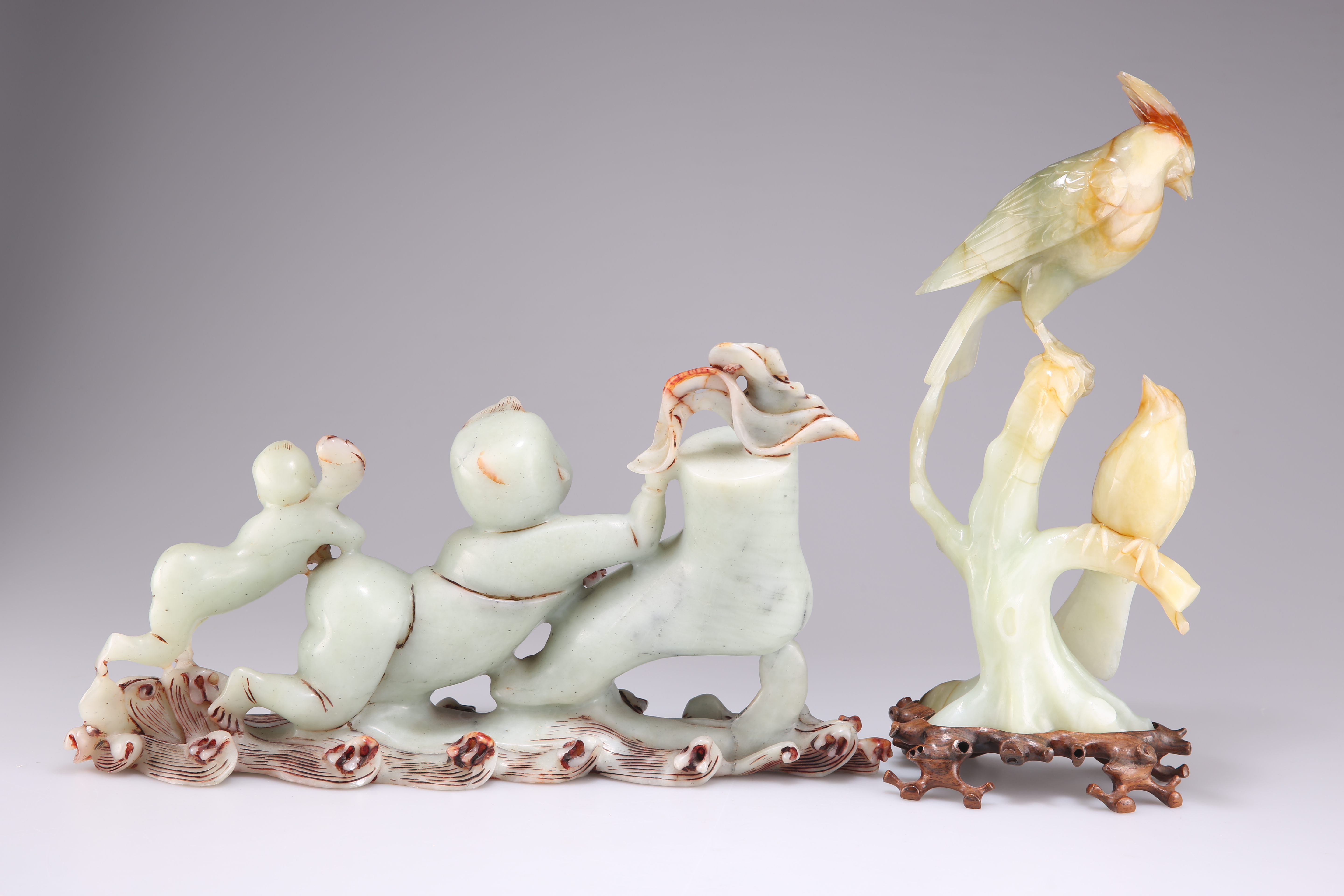 A CHINESE LARGE JADE CARVING, AND A JADE CARVING OF BIRDS - Image 2 of 2