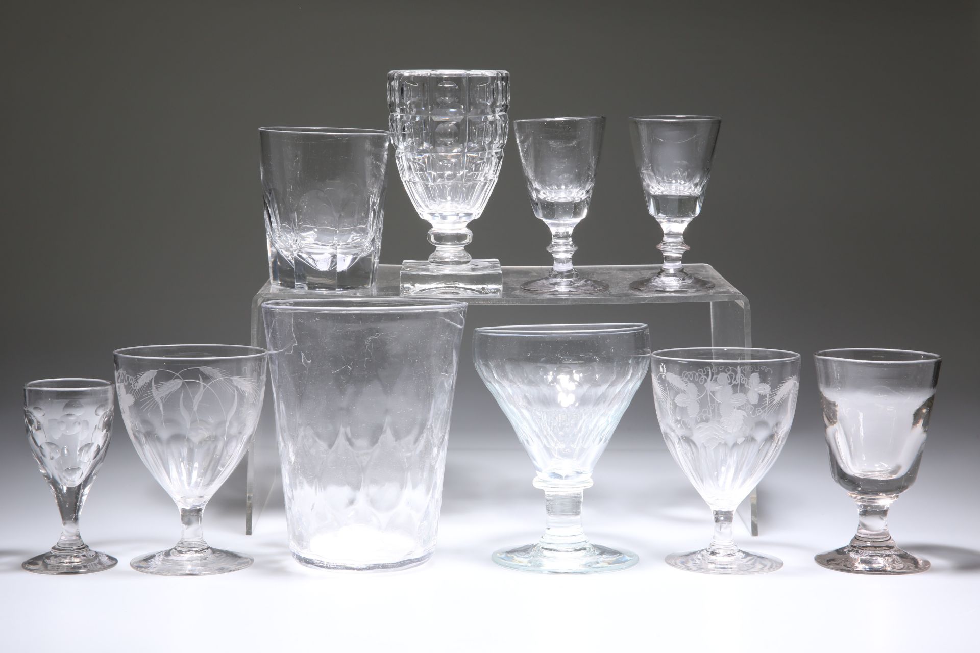 NINE VARIOUS 19TH CENTURY DRINKING GLASSES AND A VASE