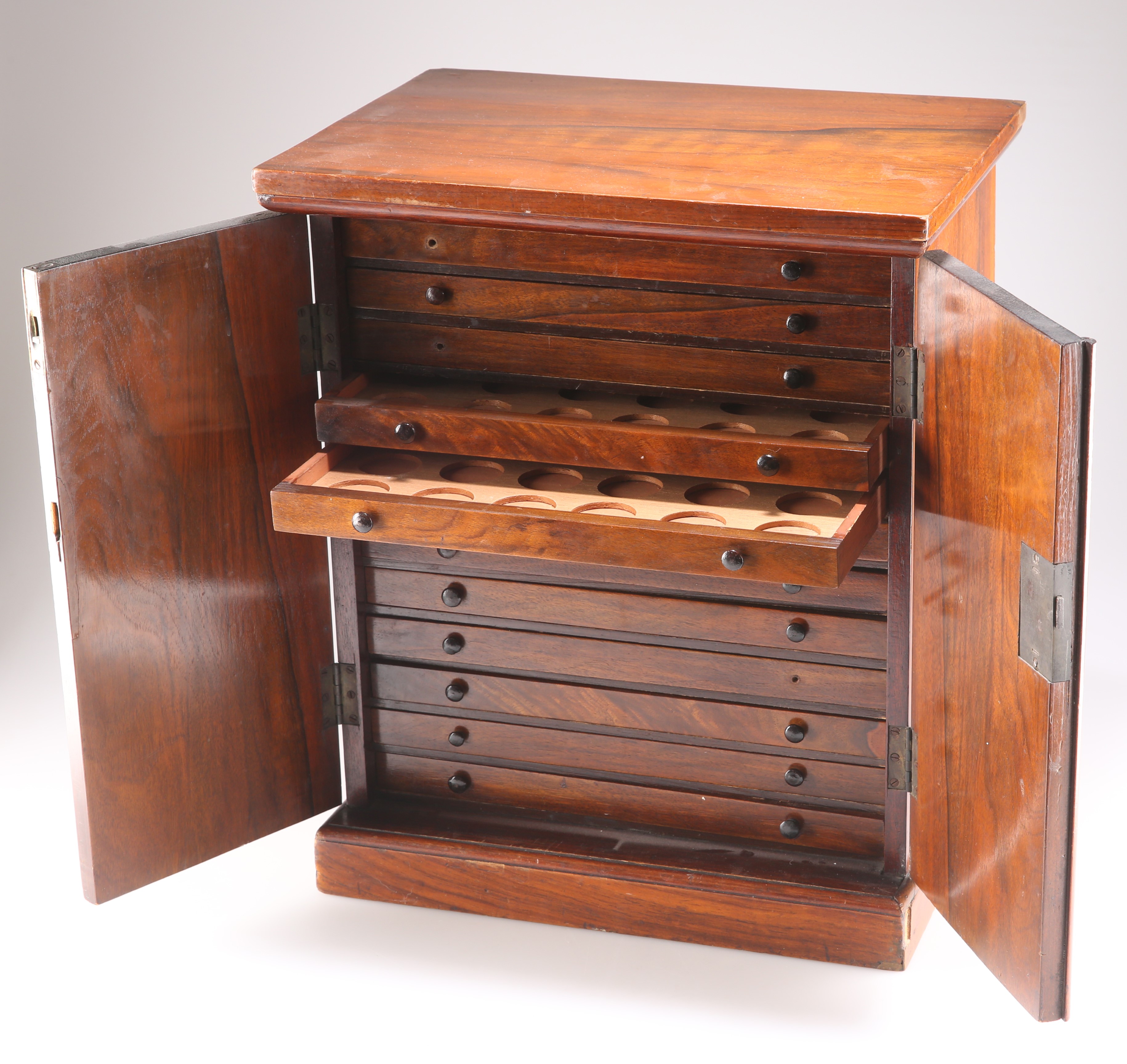 A VICTORIAN WALNUT COIN COLLECTORS CABINET, SIGNED M. JEWELL