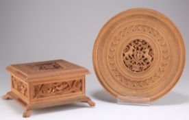 AN INDIAN CARVED SANDALWOOD BOX, AND AN AUSTRIAN PLAQUE